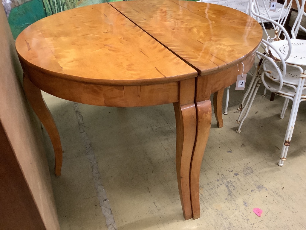 A pair of Biedermeier style satinbirch demi lune console tables, width 118cm depth 58cm height 80cm